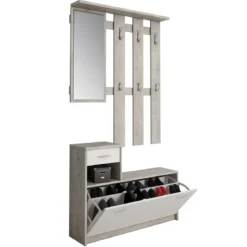 Ken cement mobile ingresso con specchio e scarpiera finitura larice bianco e grigio cemento larghezza 97 cm