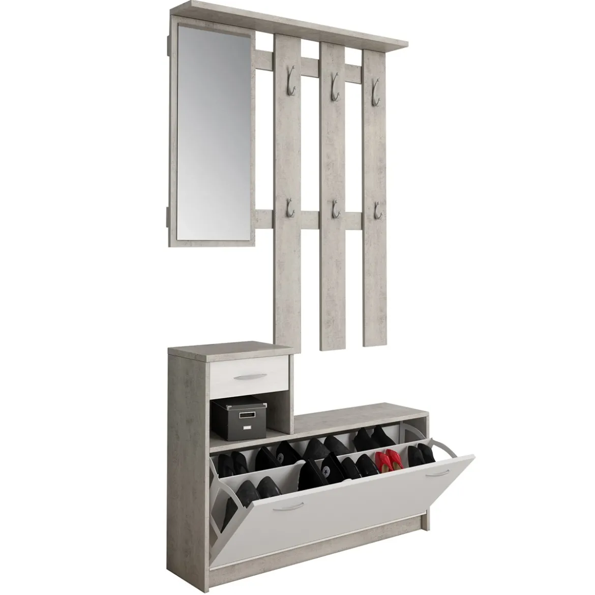 Ken cement mobile ingresso con specchio e scarpiera finitura larice bianco e grigio cemento larghezza 97 cm