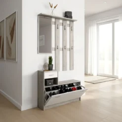 Ken cement mobile ingresso con specchio e scarpiera finitura larice bianco e grigio cemento larghezza 97 cm
