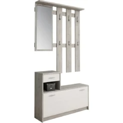 Ken cement mobile ingresso con specchio e scarpiera finitura larice bianco e grigio cemento larghezza 97 cm
