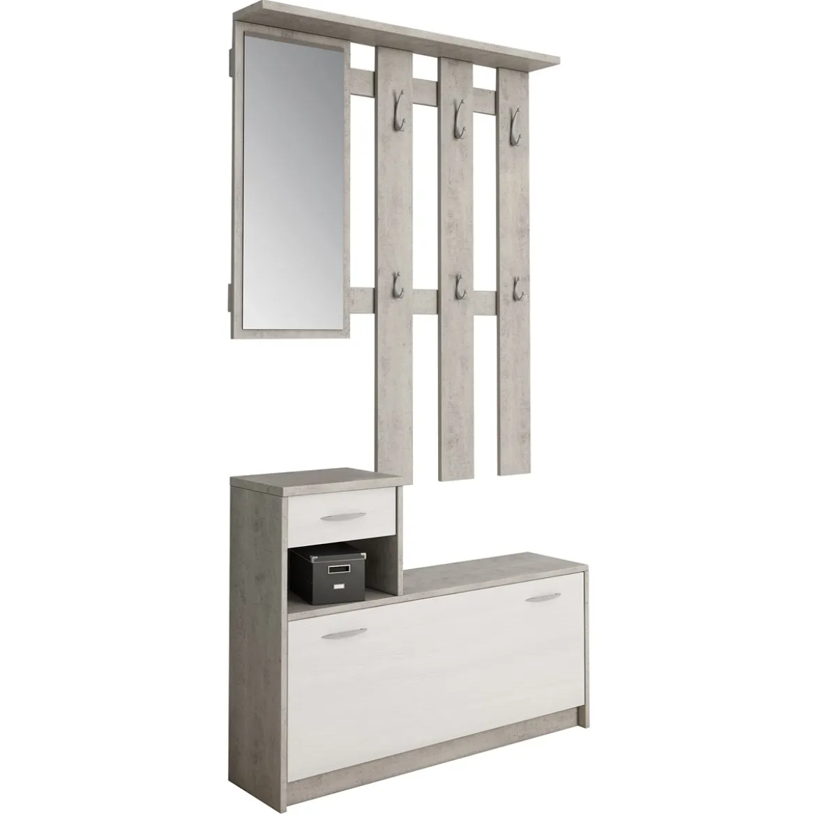 Ken cement mobile ingresso con specchio e scarpiera finitura larice bianco e grigio cemento larghezza 97 cm