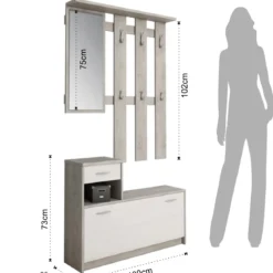 Ken cement mobile ingresso con specchio e scarpiera finitura larice bianco e grigio cemento larghezza 97 cm