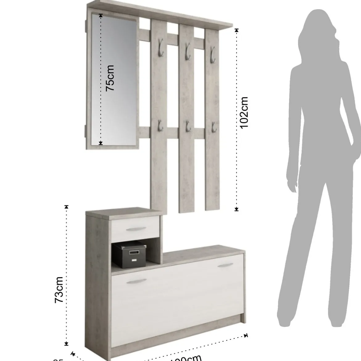 Ken cement mobile ingresso con specchio e scarpiera finitura larice bianco e grigio cemento larghezza 97 cm