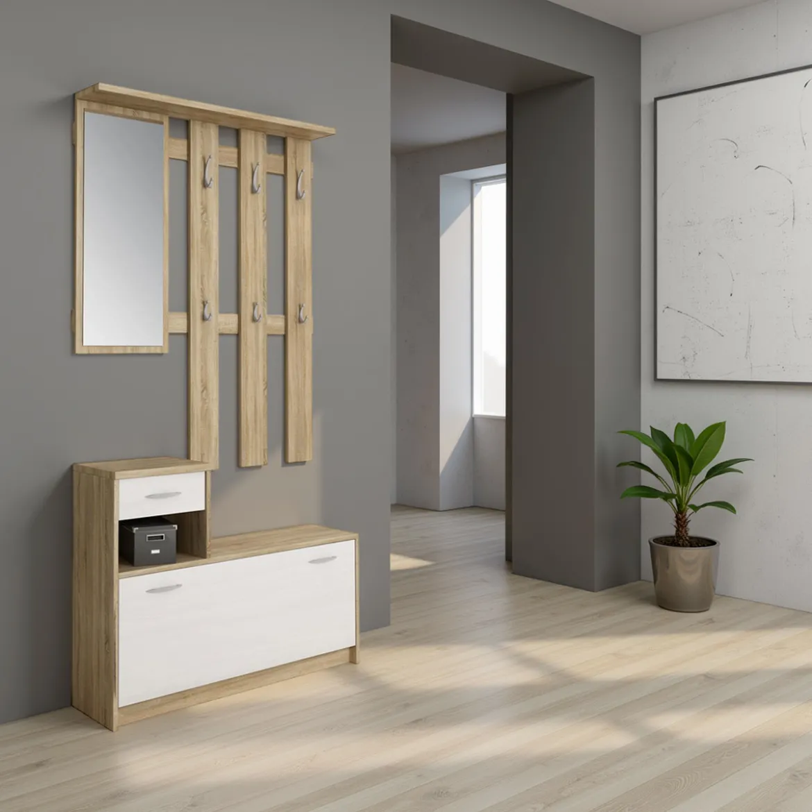 Ken wood mobile ingresso frontali bianco opaco e struttura rovere con specchio e scarpiera larghezza 97 cm
