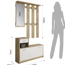Ken wood mobile ingresso frontali bianco opaco e struttura rovere con specchio e scarpiera larghezza 97 cm