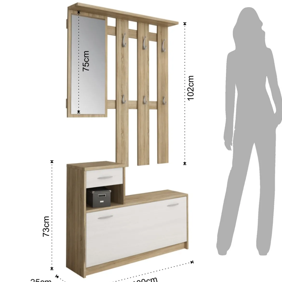 Ken wood mobile ingresso frontali bianco opaco e struttura rovere con specchio e scarpiera larghezza 97 cm