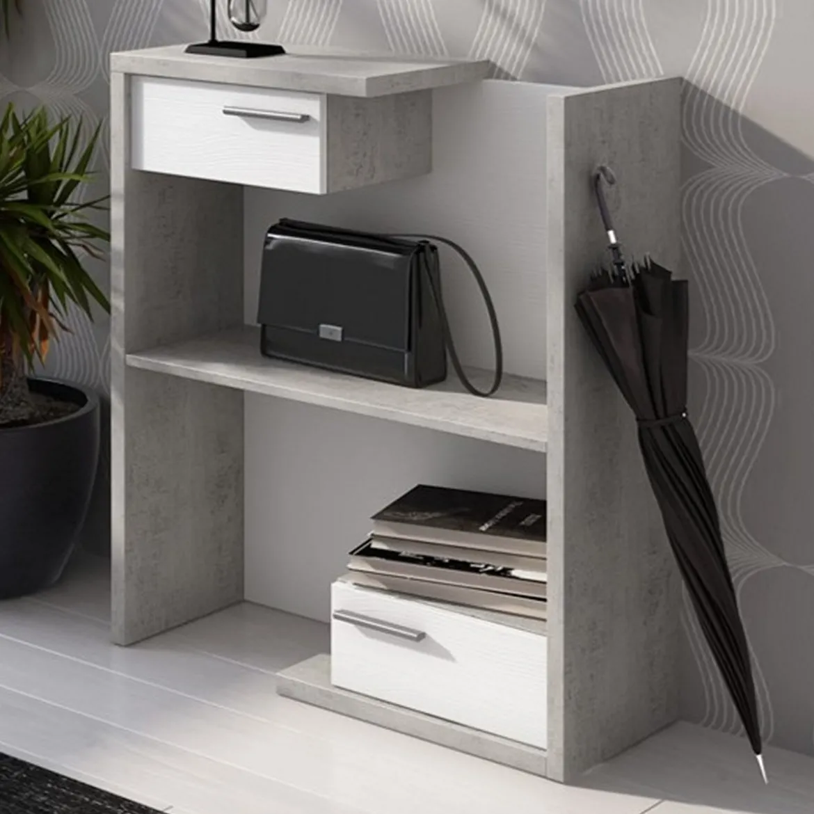 Kiara cement mobile ingresso essen cement 2 cassetti e specchio h100 cm finitura cemento e larice bianco 83x29xh90 cm