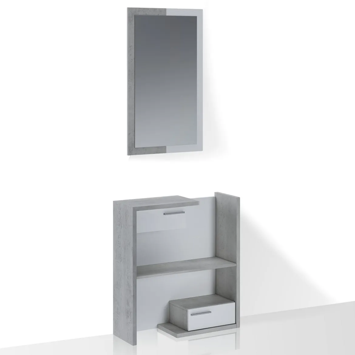 Kiara cement mobile ingresso essen cement 2 cassetti e specchio h100 cm finitura cemento e larice bianco 83x29xh90 cm