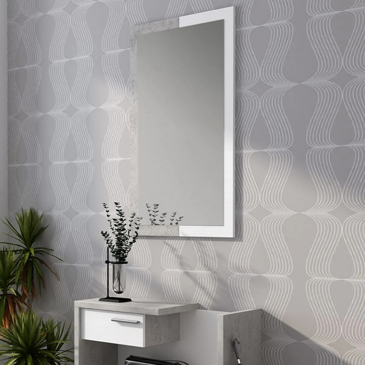 Kiara cement mobile ingresso essen cement 2 cassetti e specchio h100 cm finitura cemento e larice bianco 83x29xh90 cm