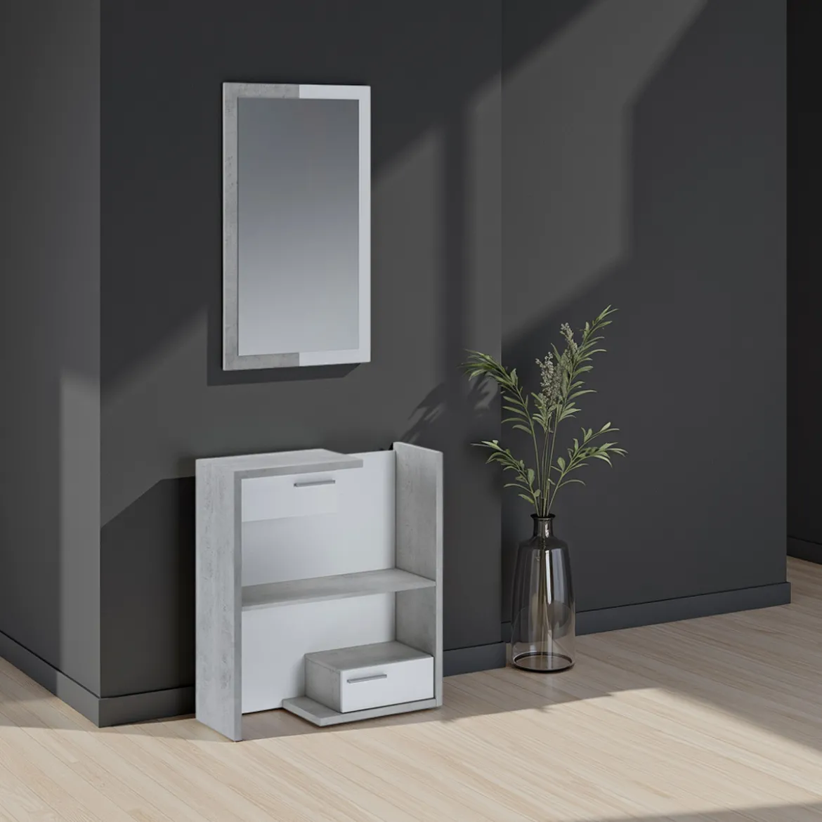 Kiara cement mobile ingresso essen cement 2 cassetti e specchio h100 cm finitura cemento e larice bianco 83x29xh90 cm