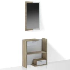 Kiara Wood mobile Ingresso con Specchio e 2 cassetti finitura Rovere e Larice Bianco, 83 x 29 x h 90 cm