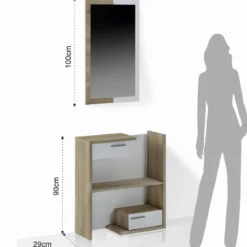 Kiara Wood mobile Ingresso con Specchio e 2 cassetti finitura Rovere e Larice Bianco, 83 x 29 x h 90 cm