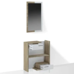 Kiara Wood mobile Ingresso con Specchio e 2 cassetti finitura Rovere e Larice Bianco, 83 x 29 x h 90 cm