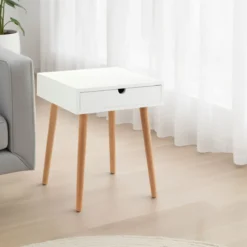 Kyra tavolino comodino 1 cassetto in mdf laccato bianco opaco e legno massello tinto rovere 40x40 h50 cm