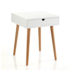 Kyra tavolino comodino 1 cassetto in mdf laccato bianco opaco e legno massello tinto rovere 40x40 h50 cm