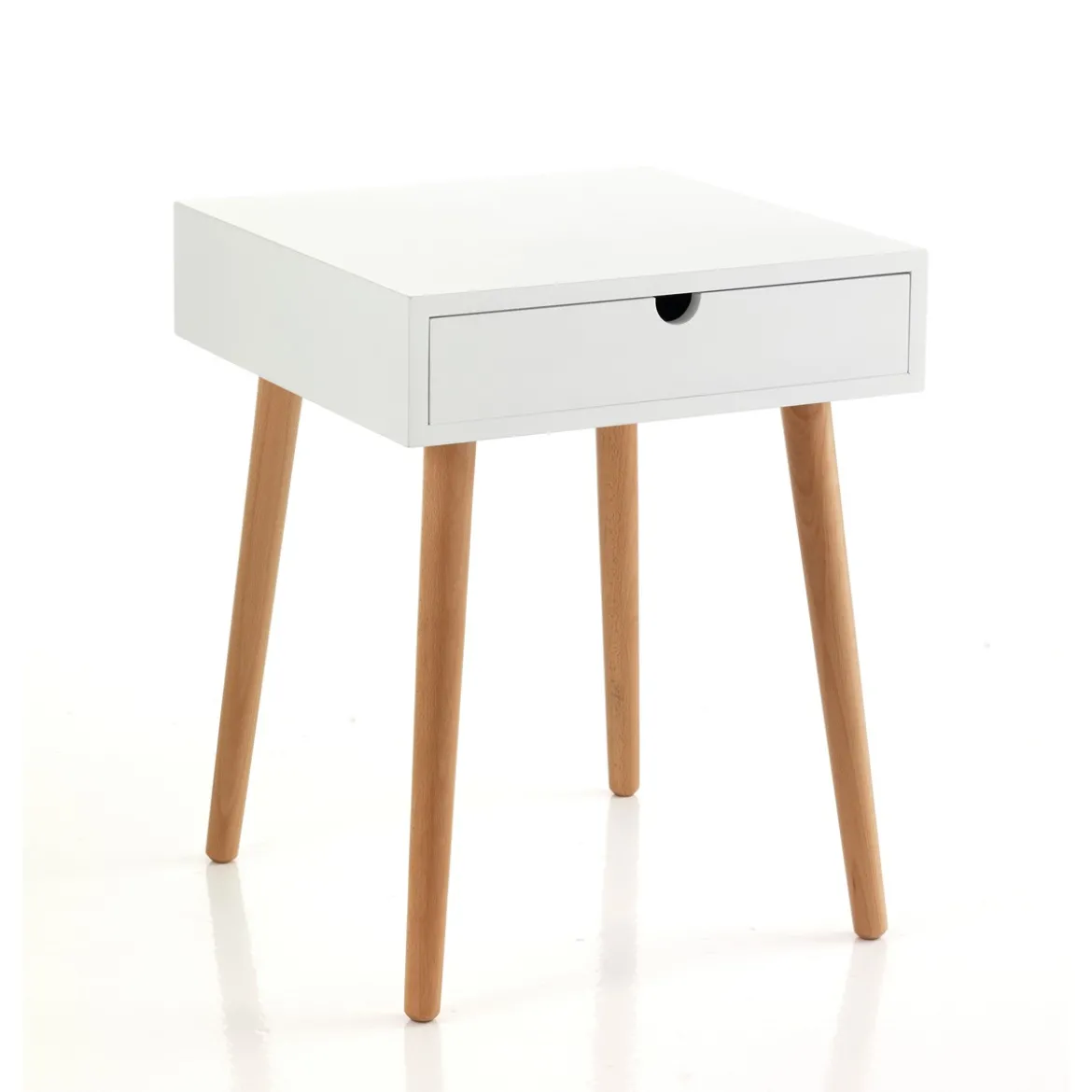 Kyra tavolino comodino 1 cassetto in mdf laccato bianco opaco e legno massello tinto rovere 40x40 h50 cm