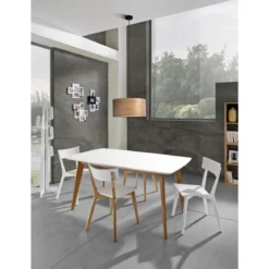 Kyra tavolo verniciato top bianco opaco e gambe in legno massello finitura rovere 160 x 90 cm