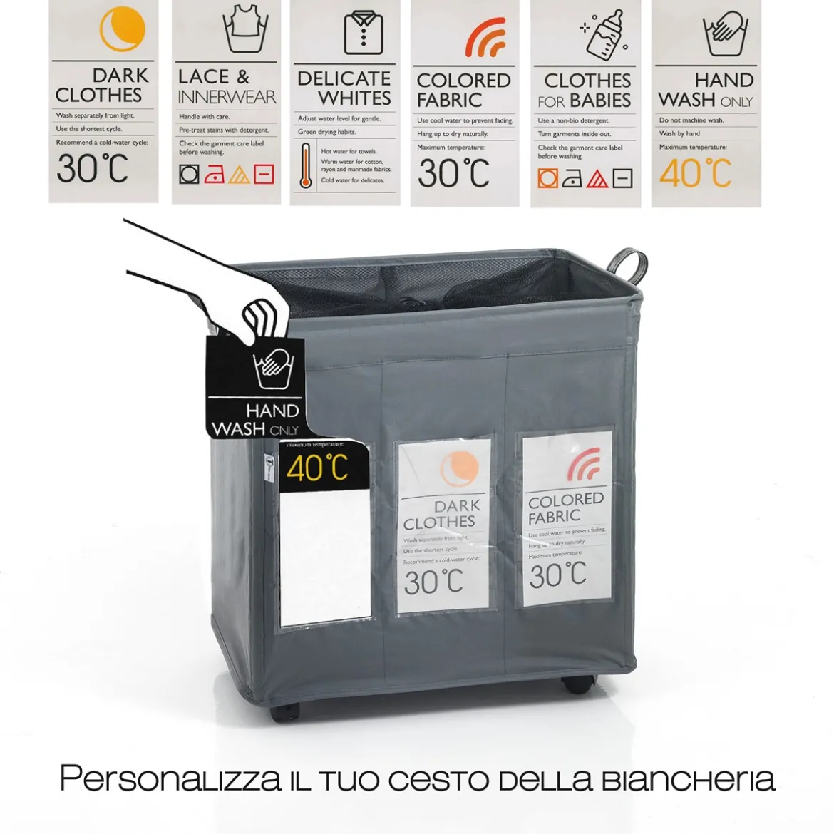 Laundry-b x3 cesto porta biancheria con maniglie e ruote in tessuto sintetico grigio chiaro 55x36xh57 cm