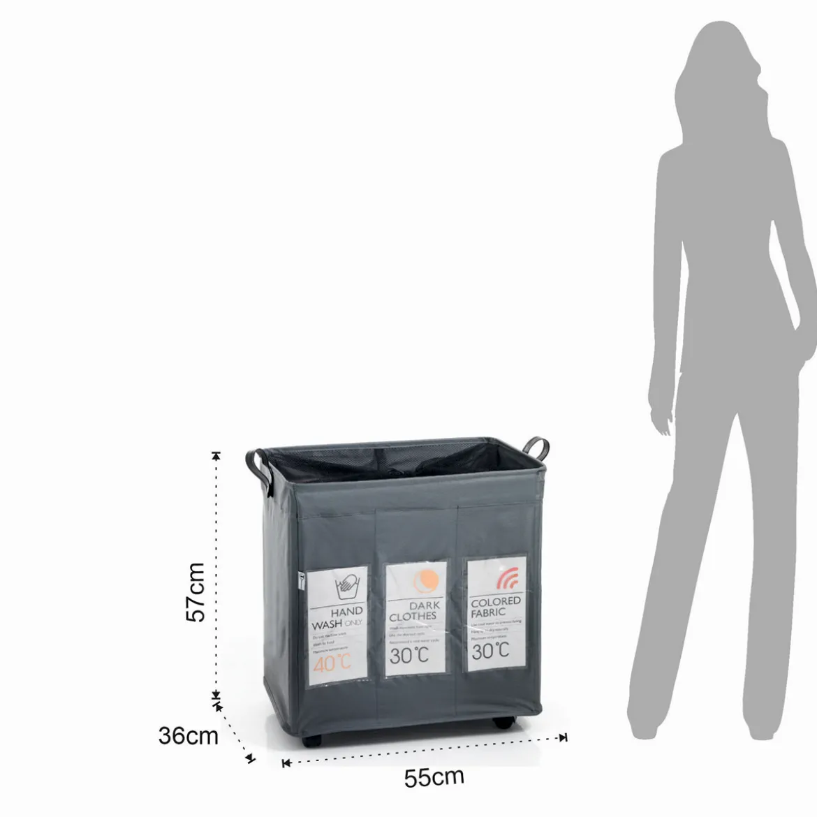Laundry-b x3 cesto porta biancheria con maniglie e ruote in tessuto sintetico grigio chiaro 55x36xh57 cm