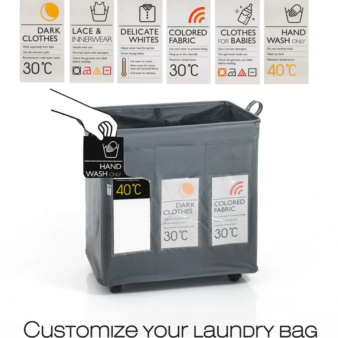 Laundry-b x3 cesto porta biancheria con maniglie e ruote in tessuto sintetico grigio chiaro 55x36xh57 cm