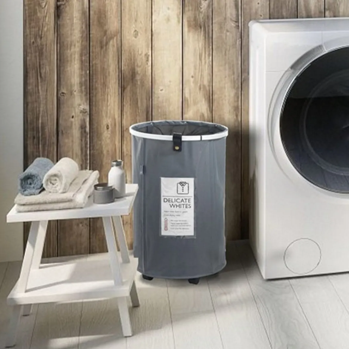 Laundry round cesto porta biancheria con maniglie e ruote in tessuto sintetico grigio chiaro d40xh65 cm