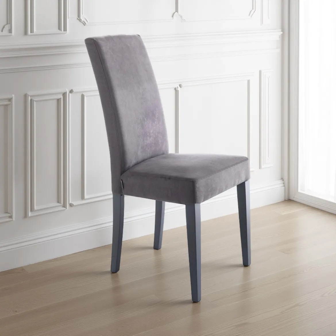 Lella Grey Sedia in Microfibra effetto Velluto Grigia e Legno Laccato, 46 x 45 x h100 cm - Made in Italy