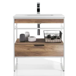 Loom-a wood mobile bagno 80 in acciaio bianco opaco con lavello e cestone finitura rovere 80x46xh84 cm