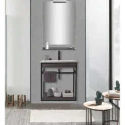 Loom-b grey/black 60 mobile bagno in acciaio nero opaco con lavello e cestone finitura larice grigio 60x46xh52 cm
