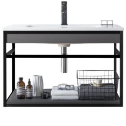 Loom-b grey/black 80 mobile bagno in acciaio nero opaco con lavello e cestone finitura larice grigio 80x46xh52 cm
