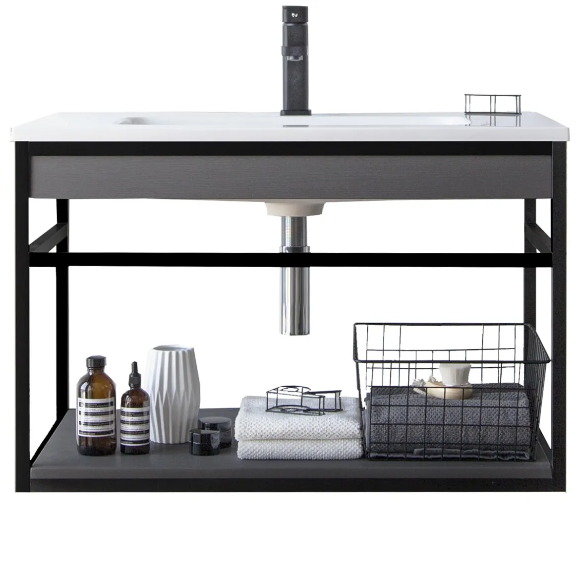 Loom-b grey/black 80 mobile bagno in acciaio nero opaco con lavello e cestone finitura larice grigio 80x46xh52 cm