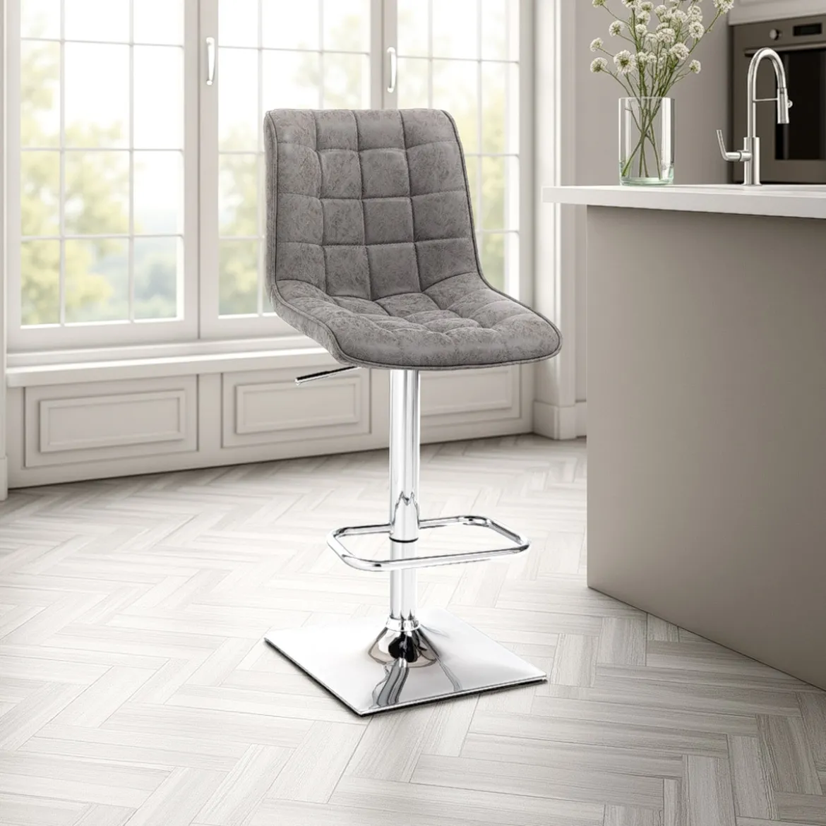 Lux sgabello regolabile bar in pelle sintetica effetto invecchiato grigio e metallo cromato 46x54xh98-118 cm