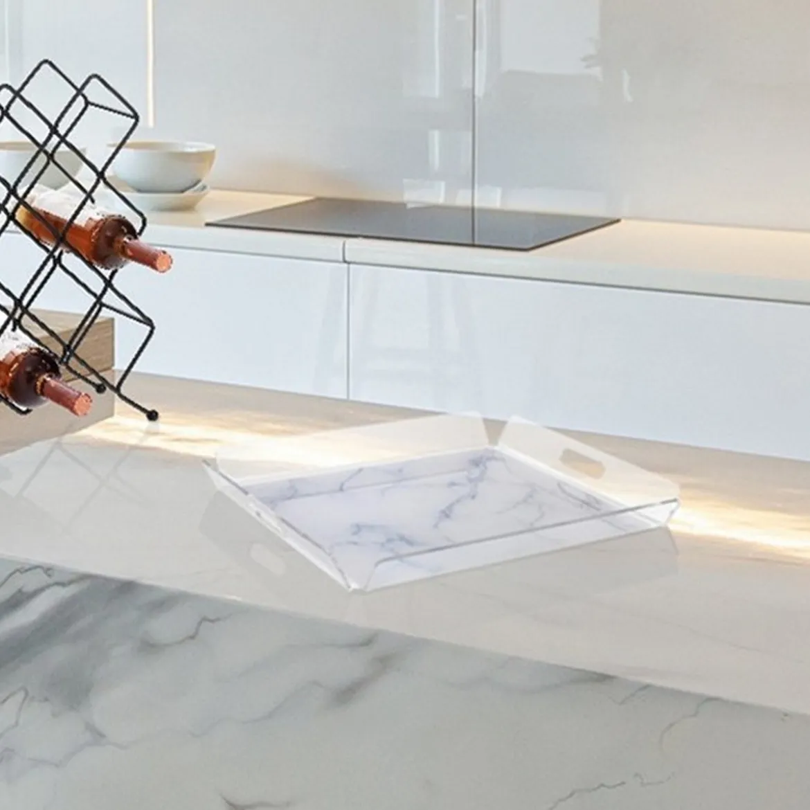Lux vassoio acrilico trasparente decorazione effetto marmo bianco cm h55 l525 p475