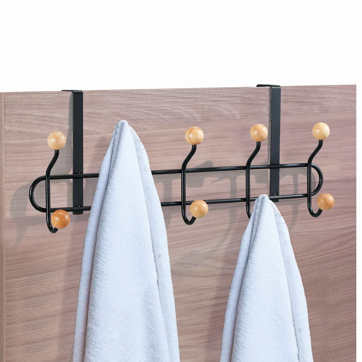 Macallan appendiabiti per porta in acciaio nero opaco e 10 pomelli in legno finitura rovere 45x9.5xh18.5 cm
