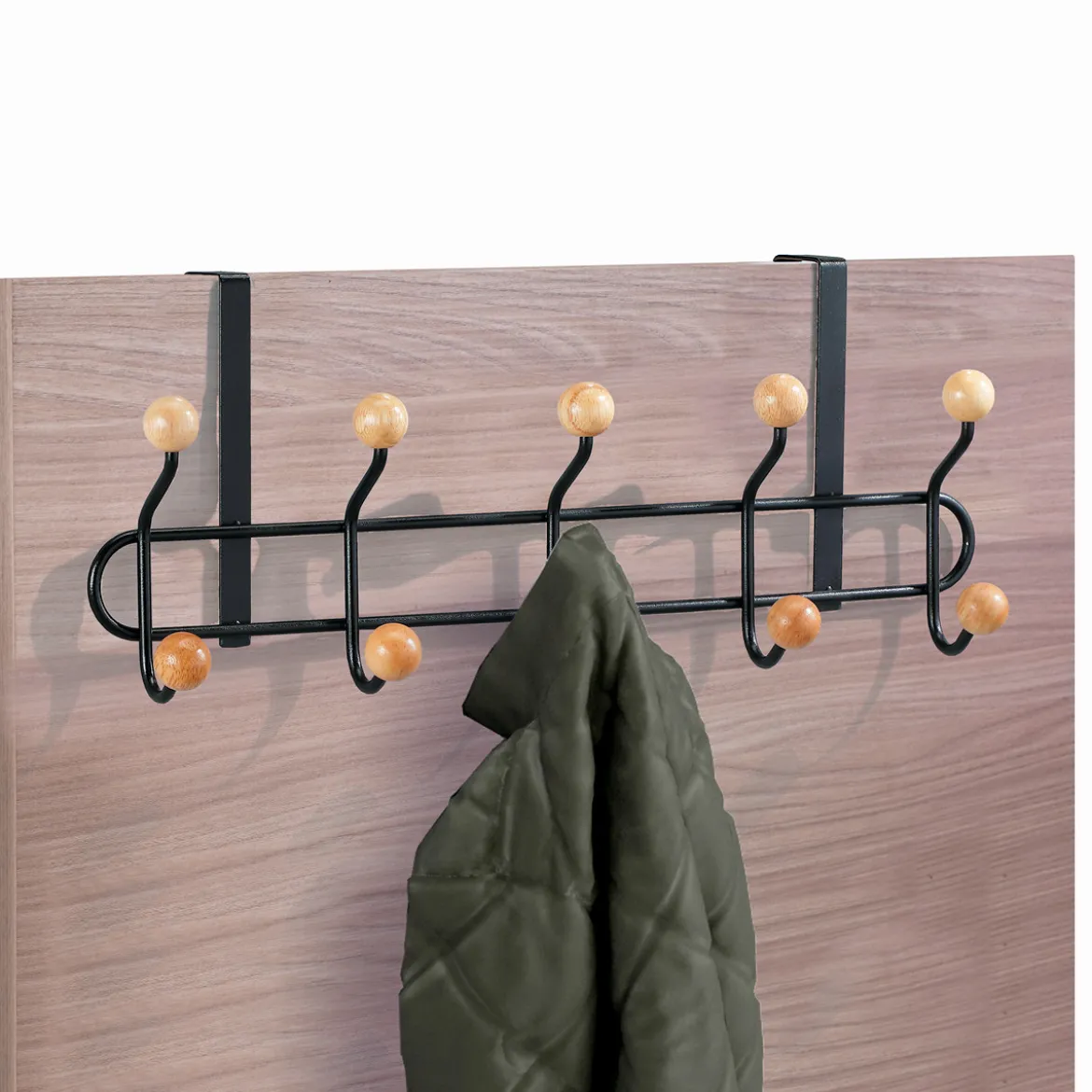 Macallan appendiabiti per porta in acciaio nero opaco e 10 pomelli in legno finitura rovere 45x9.5xh18.5 cm