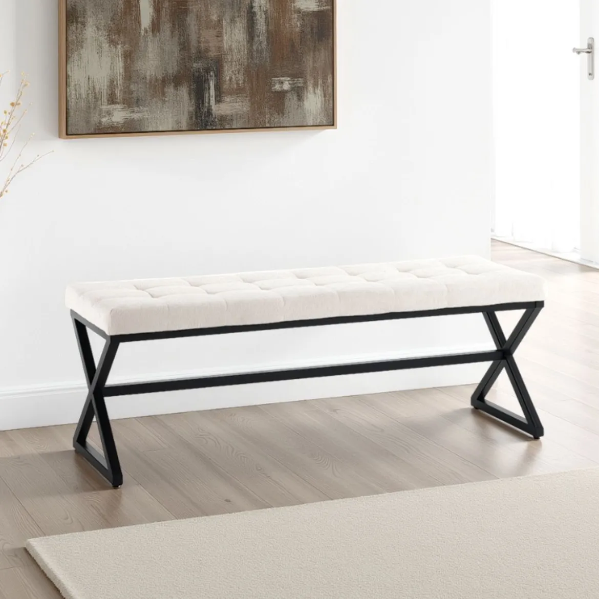 Maxim evo panca in tessuto écru e struttura in metallo nero opaco h45 l122 p42 cm