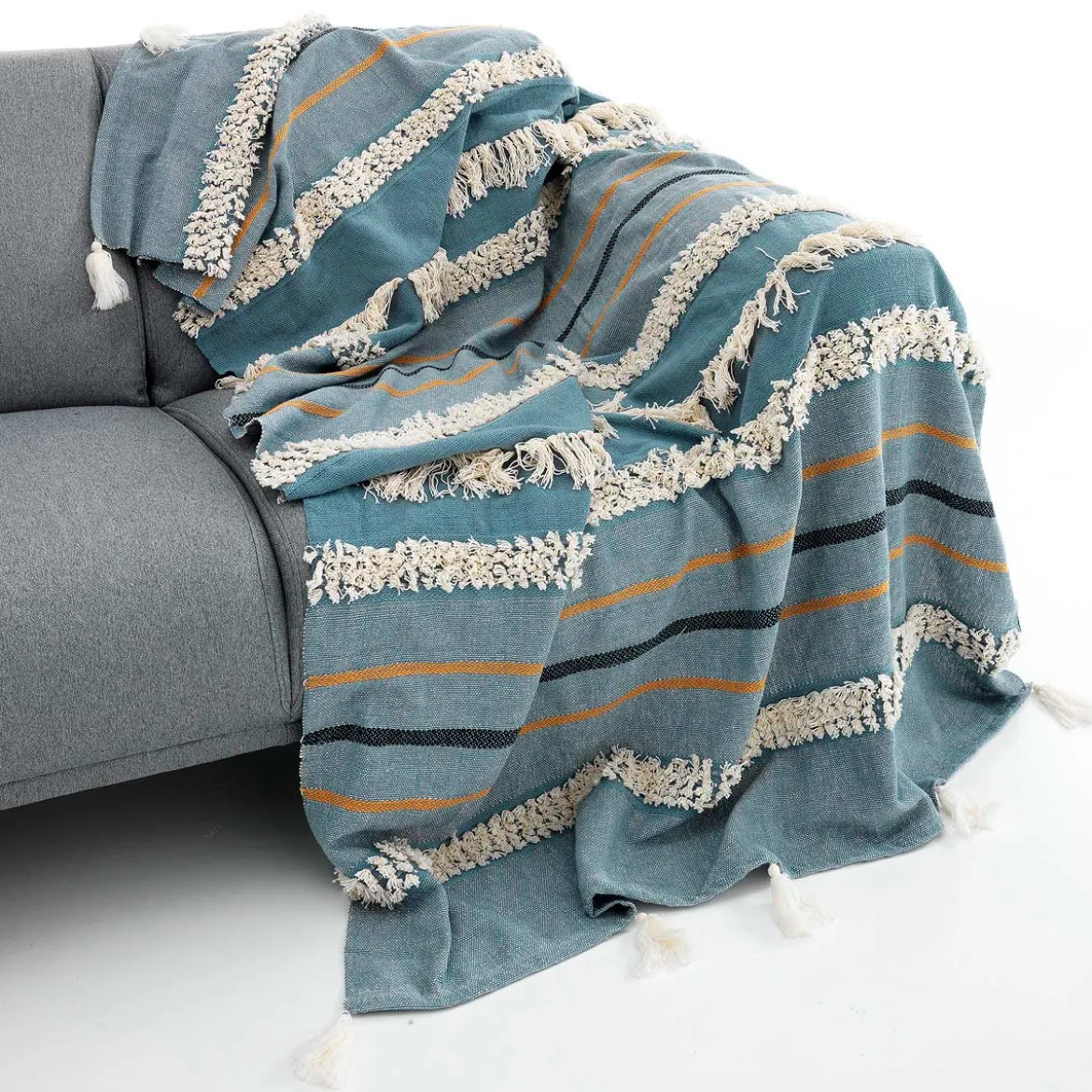 Methi-a plaid 100% cotone decorato grigio azzurro 220x150 cm