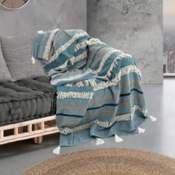 Methi-a plaid 100% cotone decorato grigio azzurro 220x150 cm