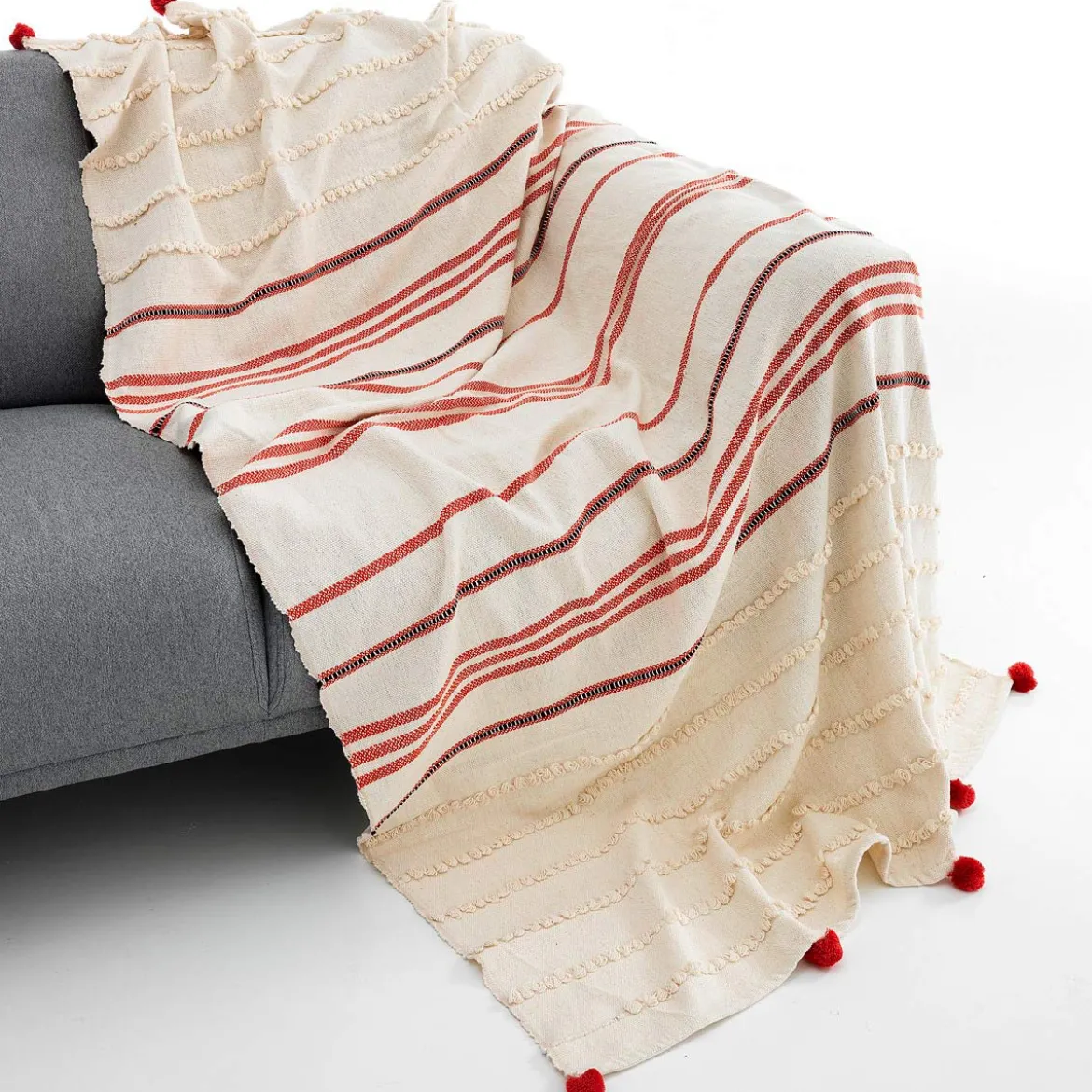 Methi-b plaid 100% cotone bianco decorato con nappe 220x150 cm