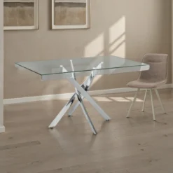 Mill 140 Tavolo / Scrivania in Vetro Temprato trasparente con gambe in Acciaio Cromato, 140 x 80 X H 76 cm