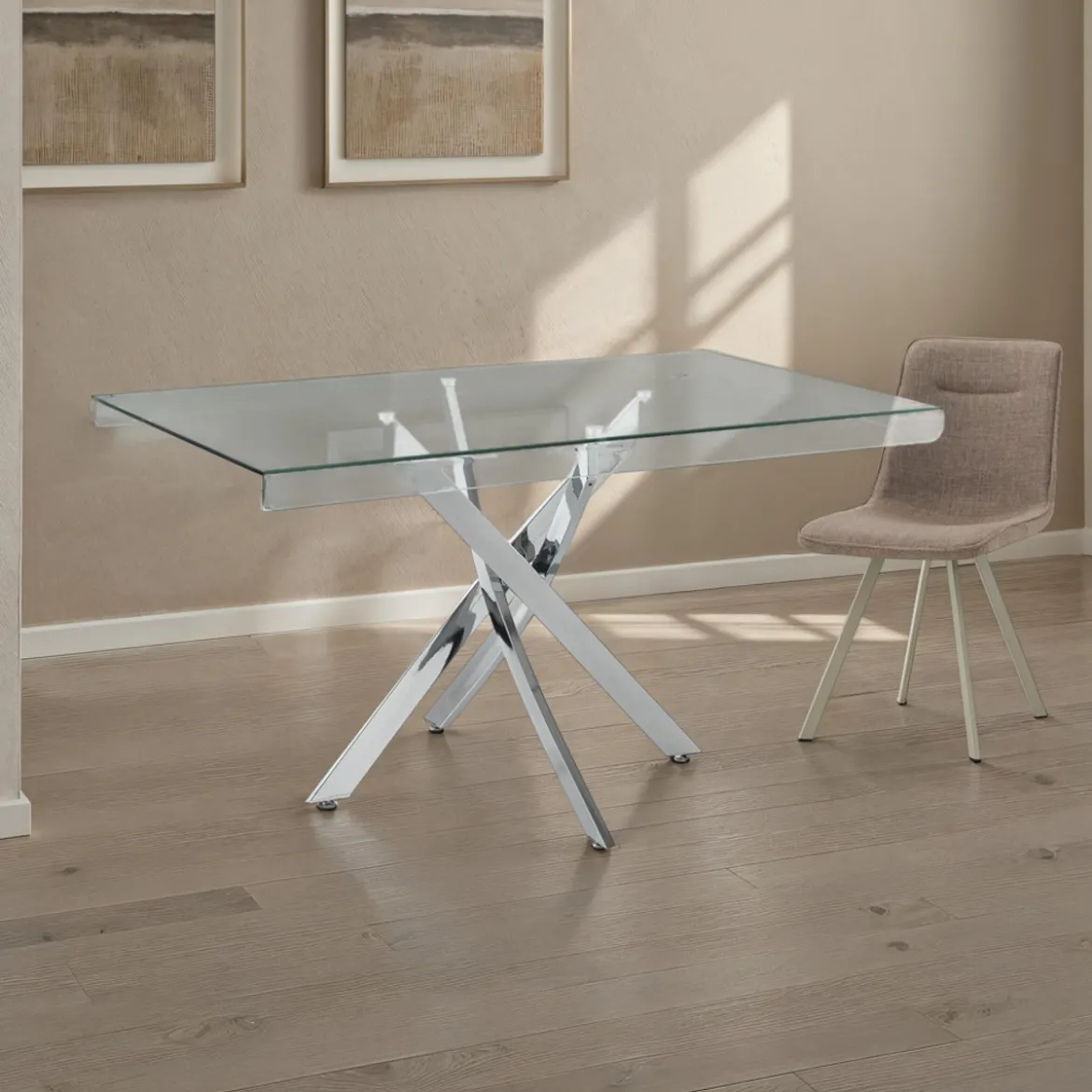 Mill 140 Tavolo / Scrivania in Vetro Temprato trasparente con gambe in Acciaio Cromato, 140 x 80 X H 76 cm