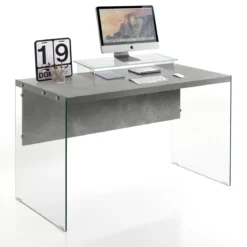 Nancy Cement Scrivania in Vetro trasparente e top finitura Cemento, 120 x 56 x h 75 cm