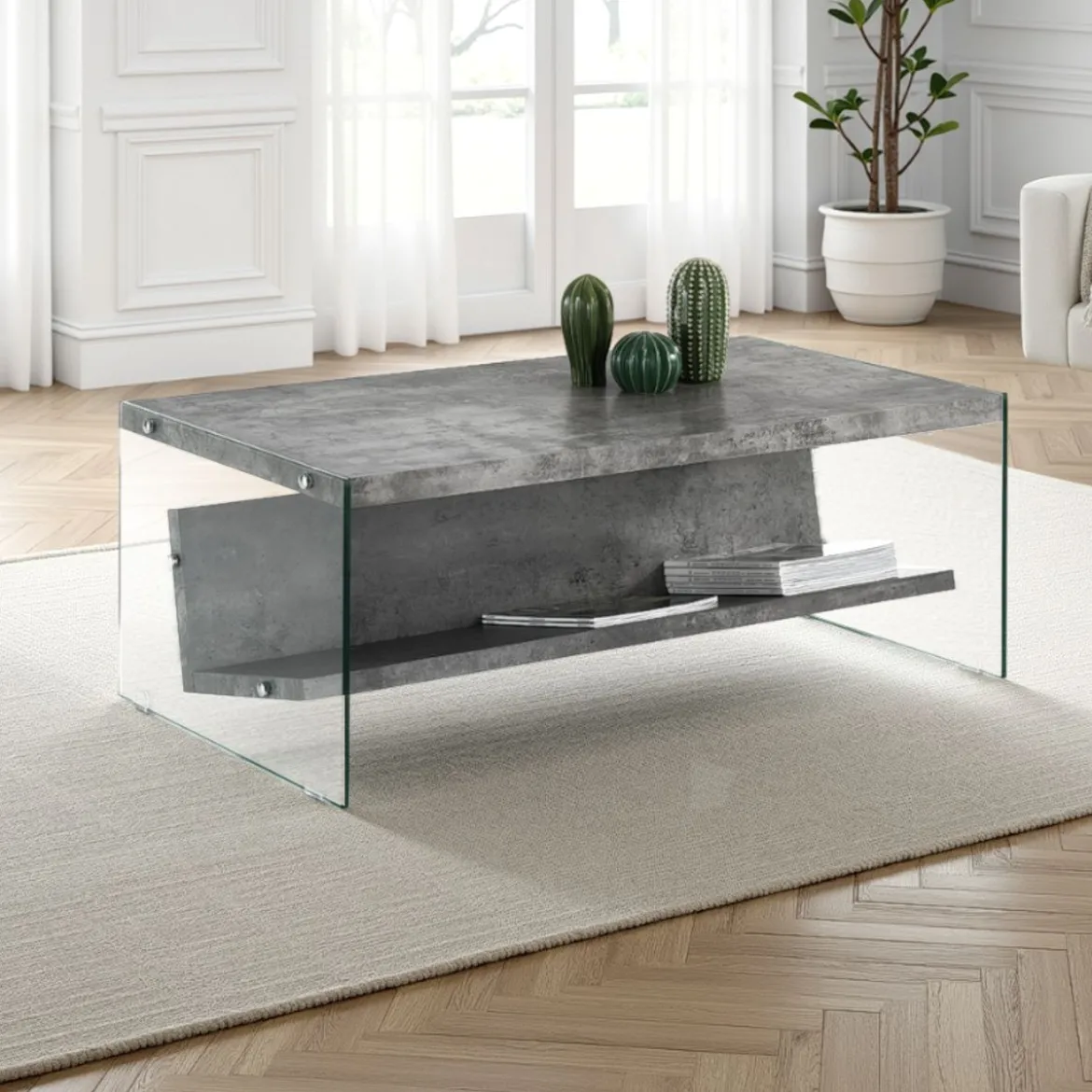 Nancy cement tavolino / porta riviste vetro trasparente e mdf finitura cemento cm h425 l110 p60
