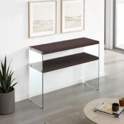 Nancy Dark Wood consolle noce scuro vetro trasparente temprato h75 l100 p35