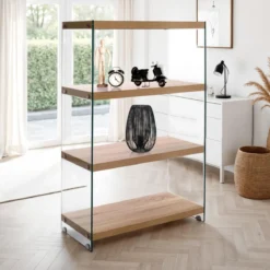 Nancy 75 libreria 4 ripiani in vetro trasparente e finitura rovere 75x29.5xh120 cm