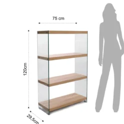 Nancy 75 libreria 4 ripiani in vetro trasparente e finitura rovere 75x29.5xh120 cm
