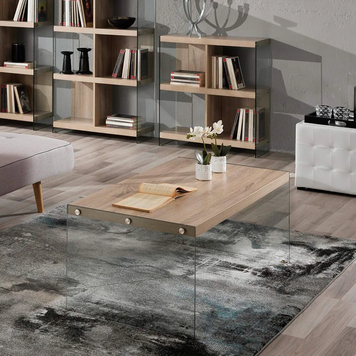 Nancy tavolino in vetro trasparente top finitura rovere 110x55 h43 cm