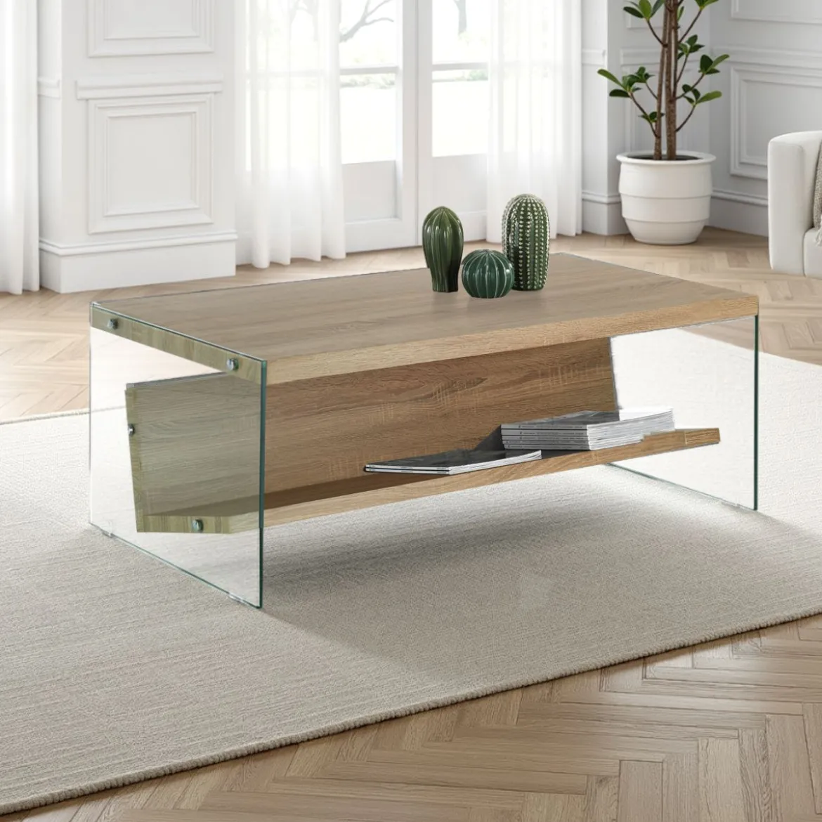 Nancy wood tavolino / porta riviste vetro trasparente e mdf finitura rovere cm h425 l110 p60