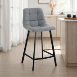 New Tania Home sgabello imbottito tessuto grigio gambe acciaio nero opaco h90 seduta h65 l43 p48