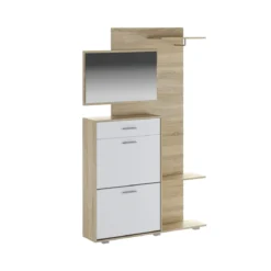 Next Ingresso Scarpiera 2 ante ribalta 1 cassetto Rovere Bianco Opaco con Specchio Appendiabiti, h192,2 x 120 x 24,8 cm