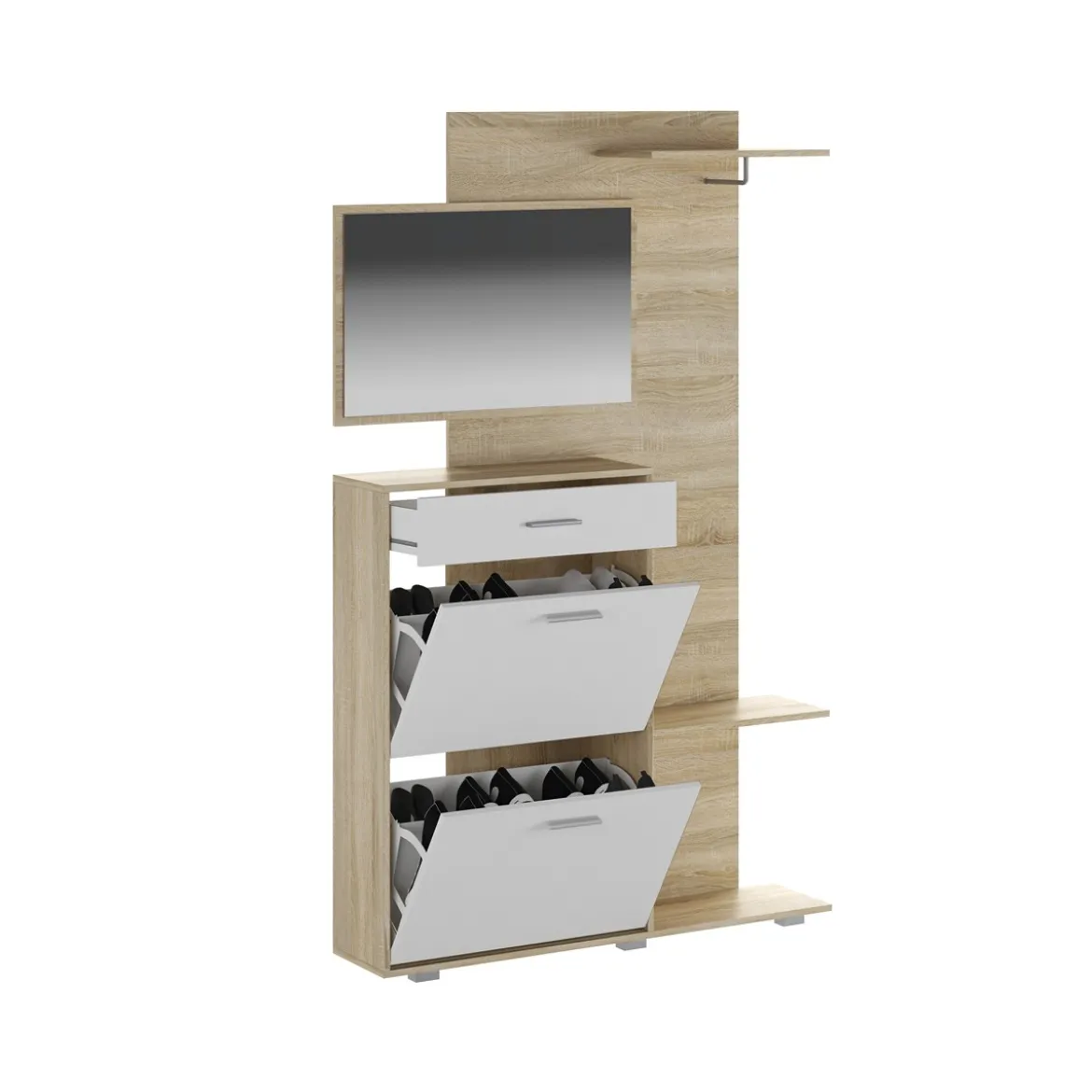 Next Ingresso Scarpiera 2 ante ribalta 1 cassetto Rovere Bianco Opaco con Specchio Appendiabiti, h192,2 x 120 x 24,8 cm